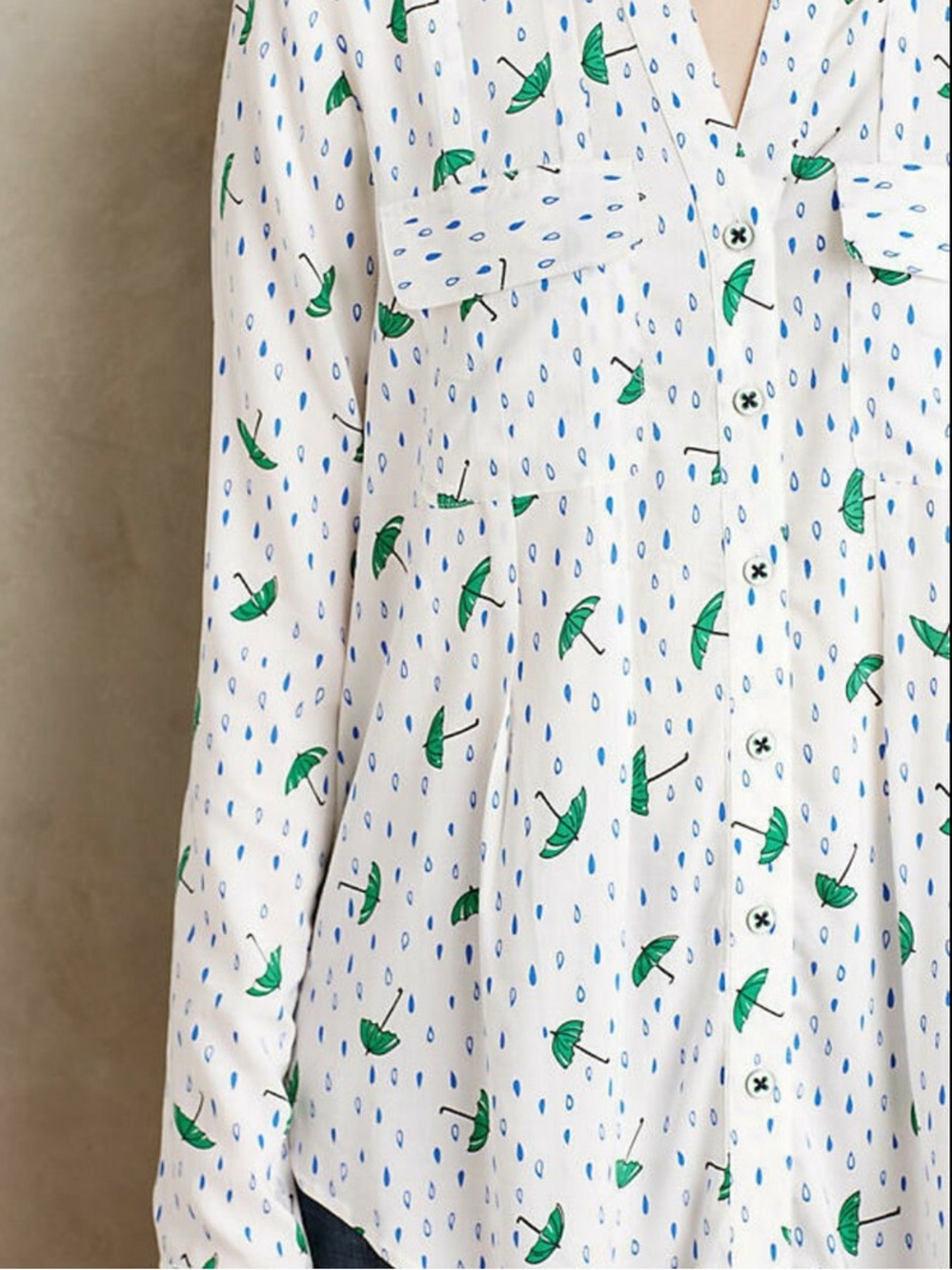 Anthropologie| Maeve| Wynwood White Button-Front Shirt w/Green Umbrellas Sz 6
